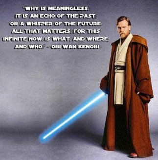 "Why is MEANINGLESS; it is an echo of the past, or a whisper of the future. All that matters, for the INFINITE NOW, is what, and where, and who." - Obiwan Kenobi's thoughts in the novel, 'Revenge of The Sith' (pg. 120)